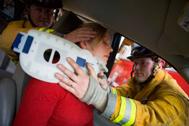 injured woman in car